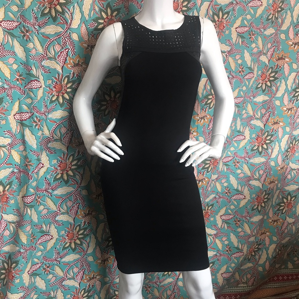 Seductions Black Knitted Cocktail Dress w/Cut-Out Faux Leather Detail Size XS-S
